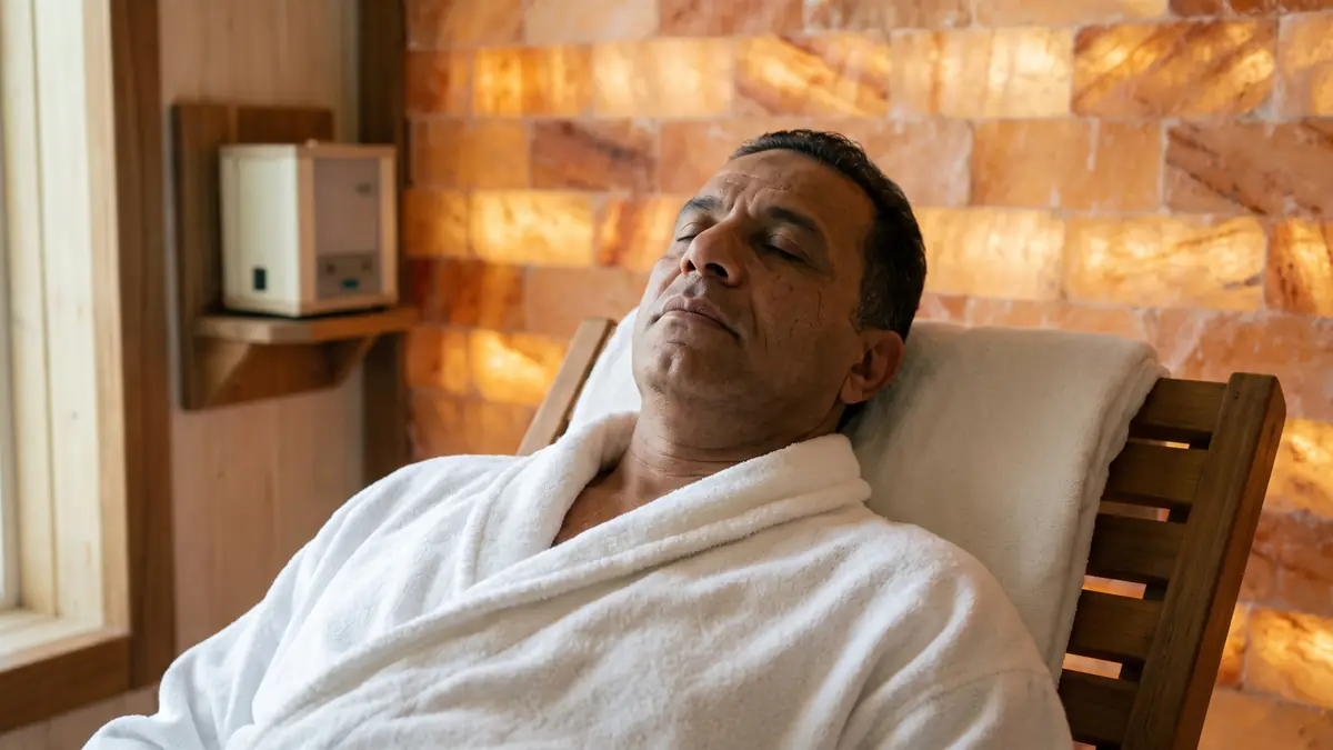 Man in a spa robe reclining in a home salt room with a glowing Himalayan salt wall