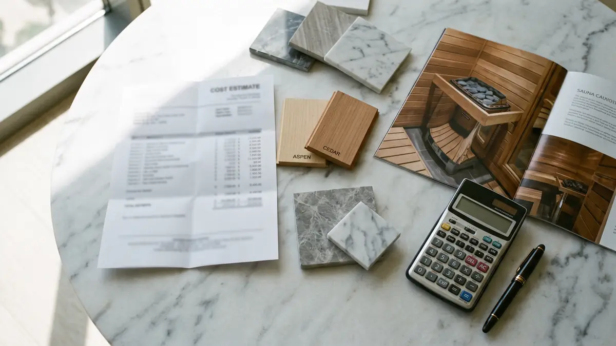Sauna quotation with wood and marble samples, calculator and heater brochure on a Dubai table