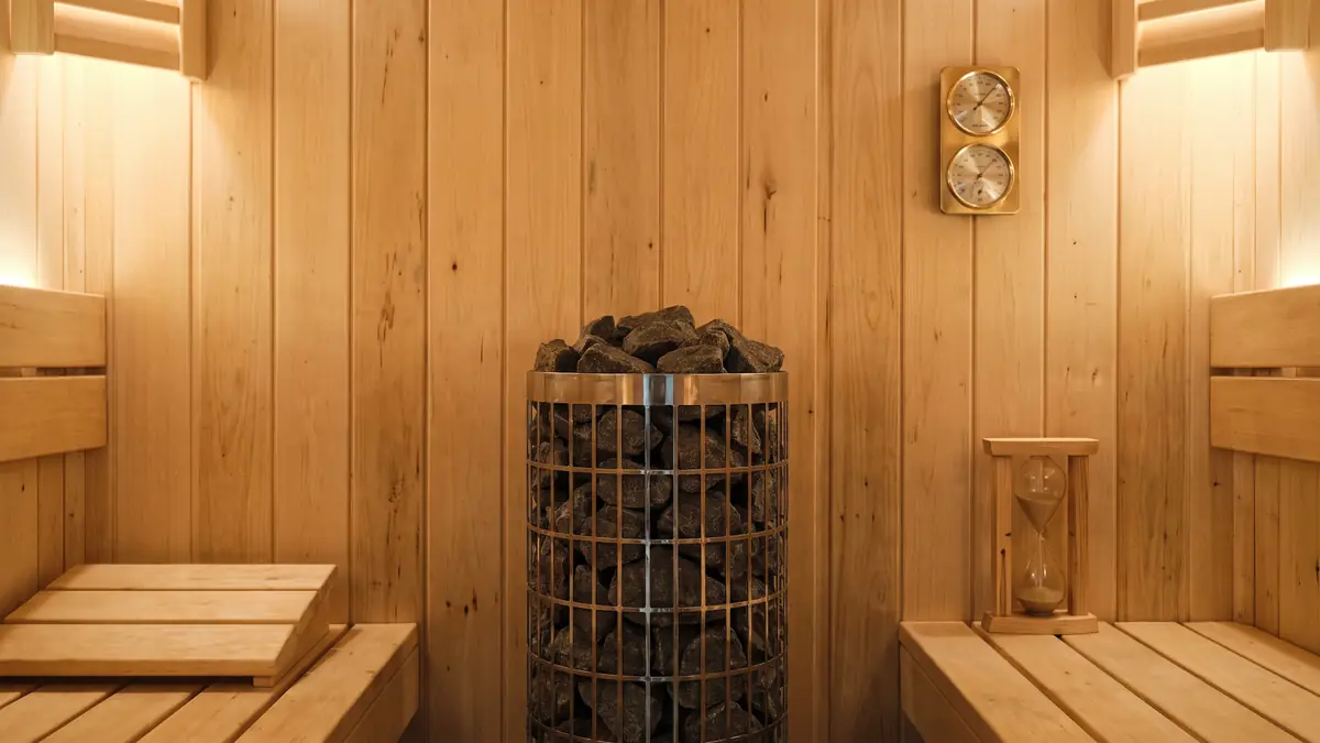 Tall cylindrical sauna heater with stones in an aspen sauna beside a brass thermometer and hourglass