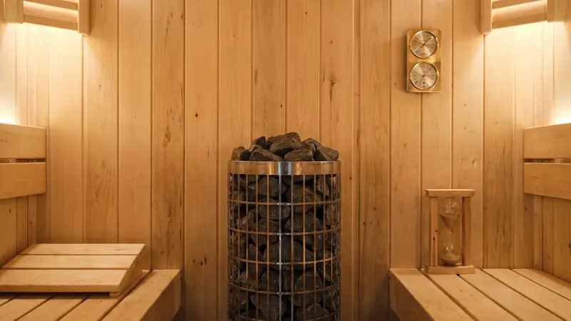 Tall cylindrical sauna heater with stones in an aspen sauna beside a brass thermometer and hourglass