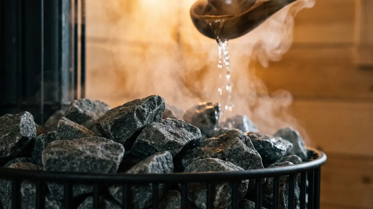 Water poured on hot sauna stones creating steam, close-up