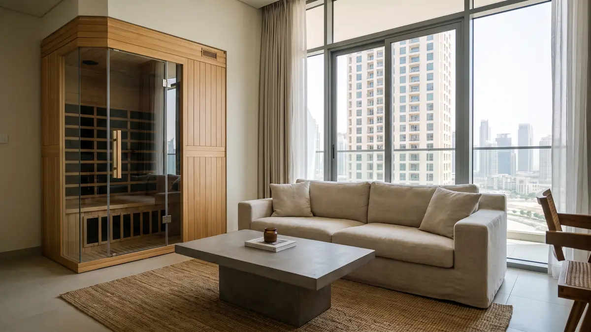 Slim infrared sauna cabin in the corner of a modern Dubai apartment living room