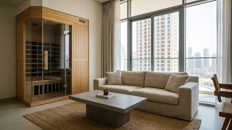 Slim infrared sauna cabin in the corner of a modern Dubai apartment living room
