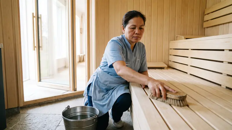 Housekeeper brushing pale aspen sauna benches with the glass door open for ventilation
