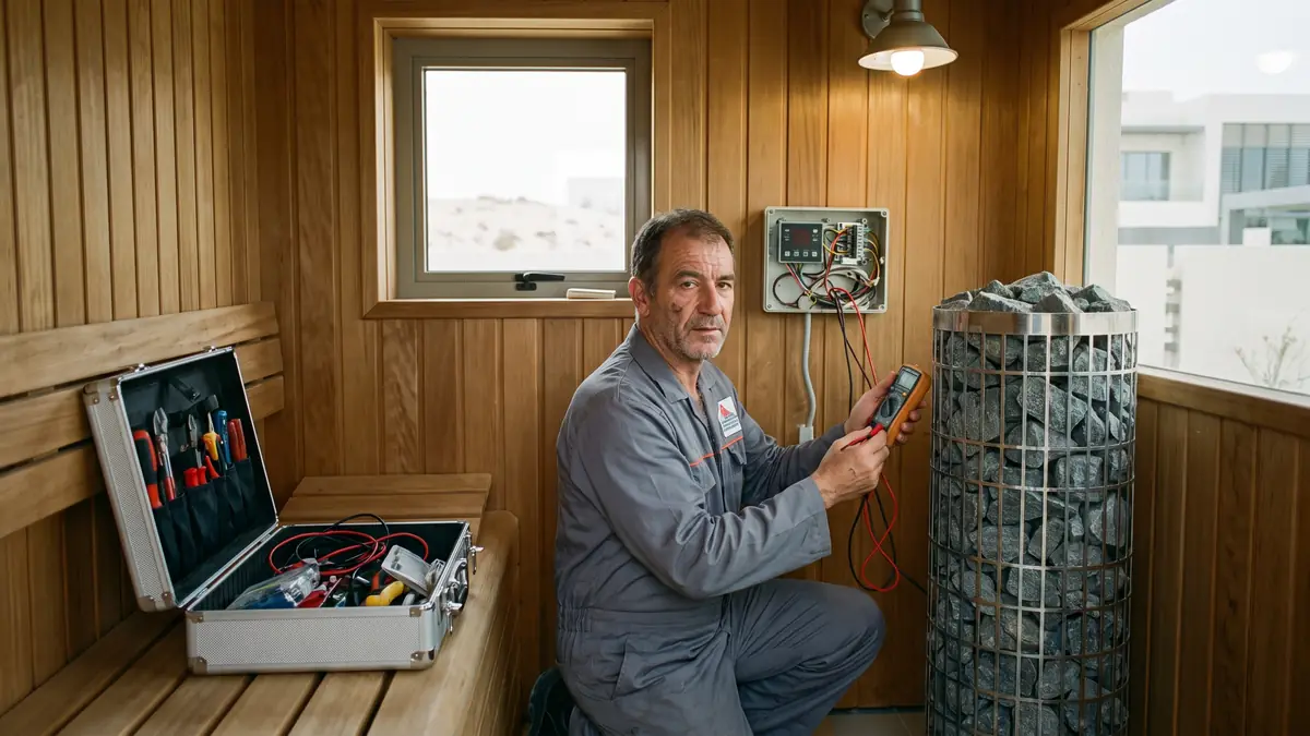 Technician servicing a sauna heater control unit inside a Dubai villa sauna