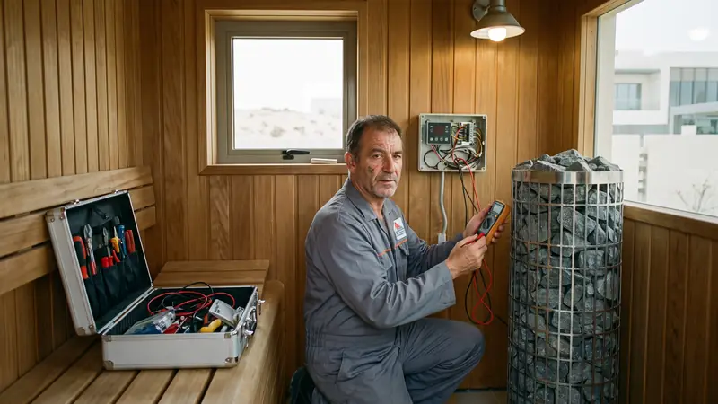 Technician servicing a sauna heater control unit inside a Dubai villa sauna