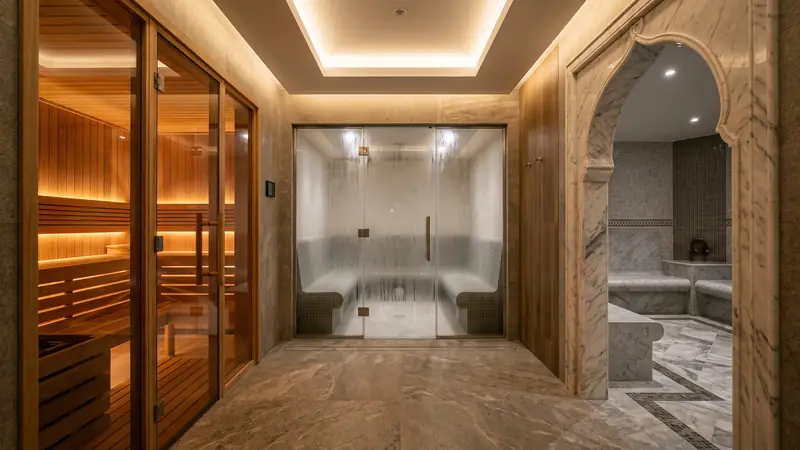 Three spa entrances side by side in a Dubai villa: sauna door, fogged steam room door, marble hammam arch