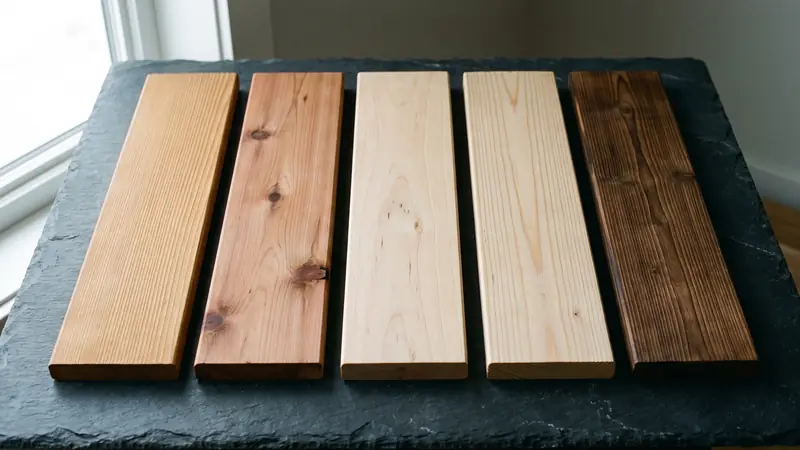 Five sauna timber boards compared side by side: thermo-aspen, cedar, alder, hemlock, thermo-spruce