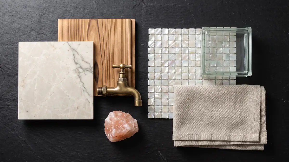 Marble, thermo-aspen, brass and salt samples for a Dubai private spa