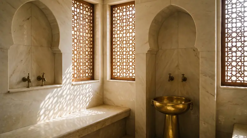 Private hammam with mashrabiya screens, cream marble and brass basin in a Sharjah family villa