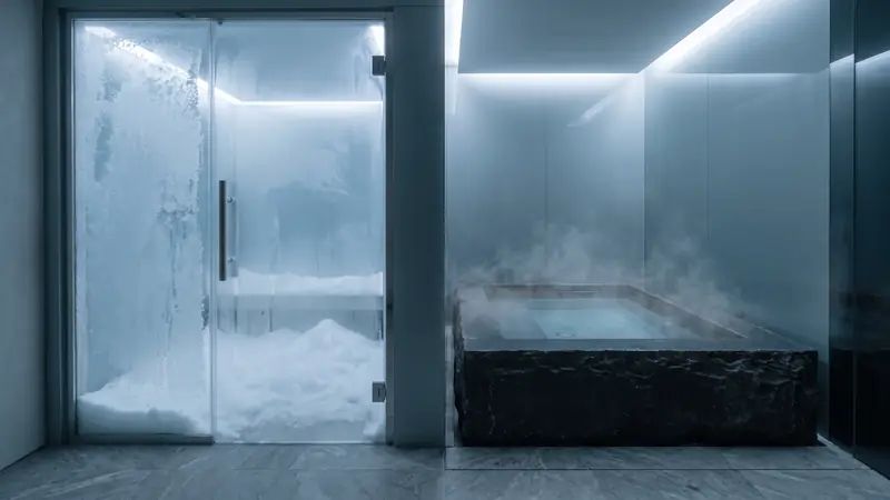 Frosted snow room doorway beside a stone cold plunge basin in a Dubai private spa