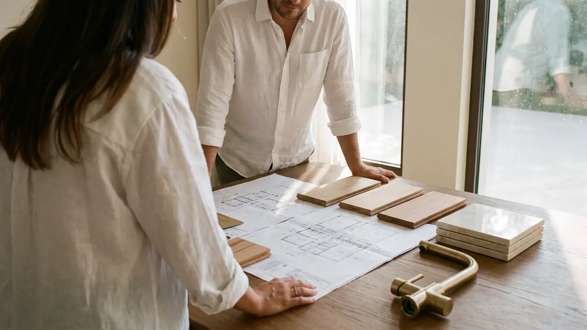 Spa designer and client reviewing villa wellness suite floor plans and wood samples in Dubai