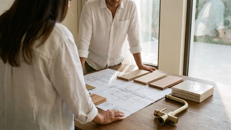 Spa designer measuring a villa floor plan to set steam room size, ceiling slope and generator position