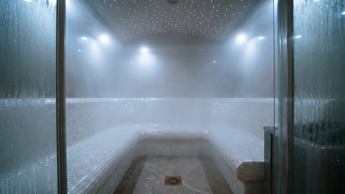 Mosaic steam room with curved bench and starlight ceiling in a Dubai home