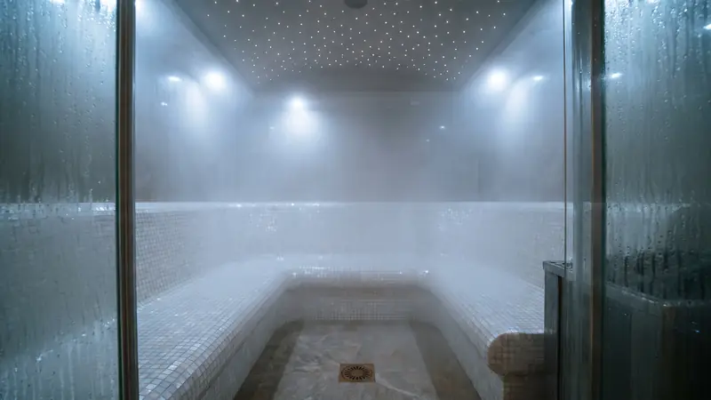 Mosaic steam room with curved bench and starlight ceiling in a Dubai home