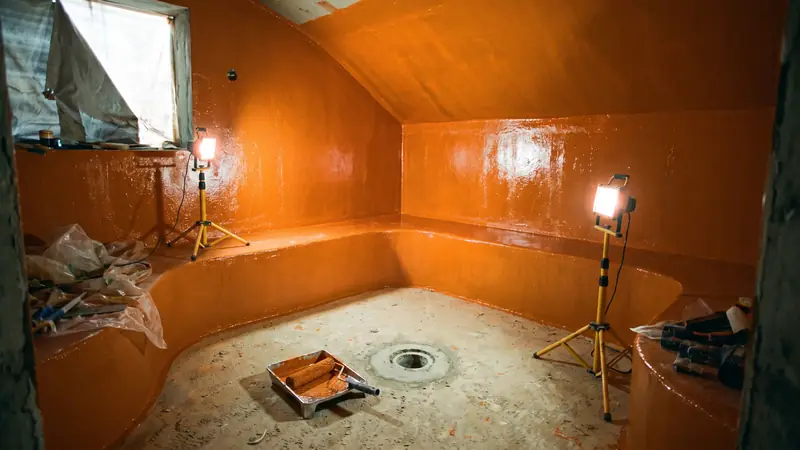 Steam room under construction in a Dubai villa with orange waterproofing membrane on walls and sloped ceiling