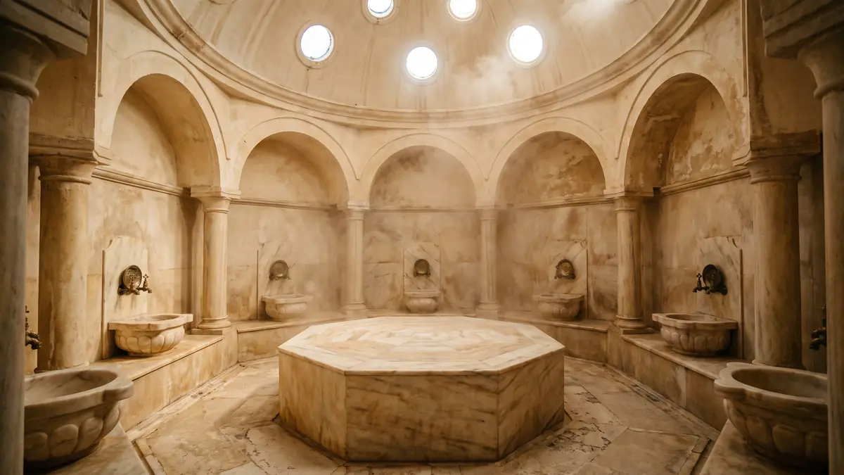 Turkish hammam with heated marble platform and domed ceiling built in a Dubai residence