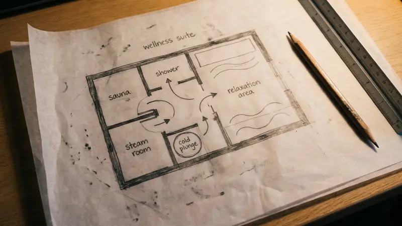 Hand-drawn floor plan of a villa wellness suite showing sauna, steam room, plunge and lounge sequence
