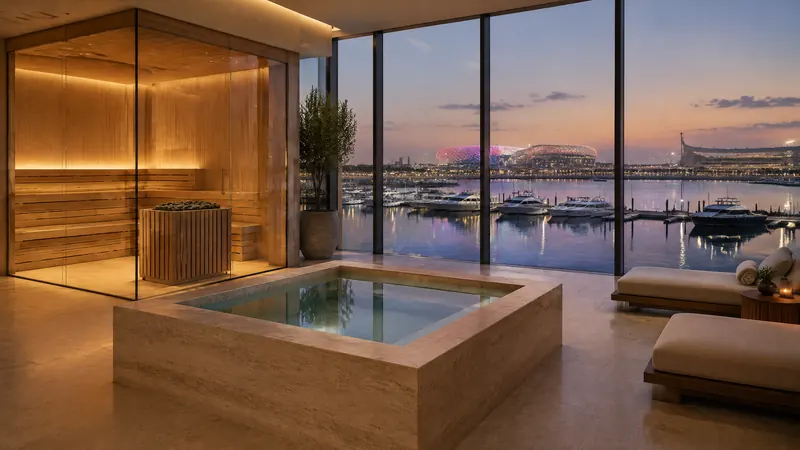 Glass sauna and square plunge basin in a Yas Island wellness suite with a marina and arena lights through the windows at dusk