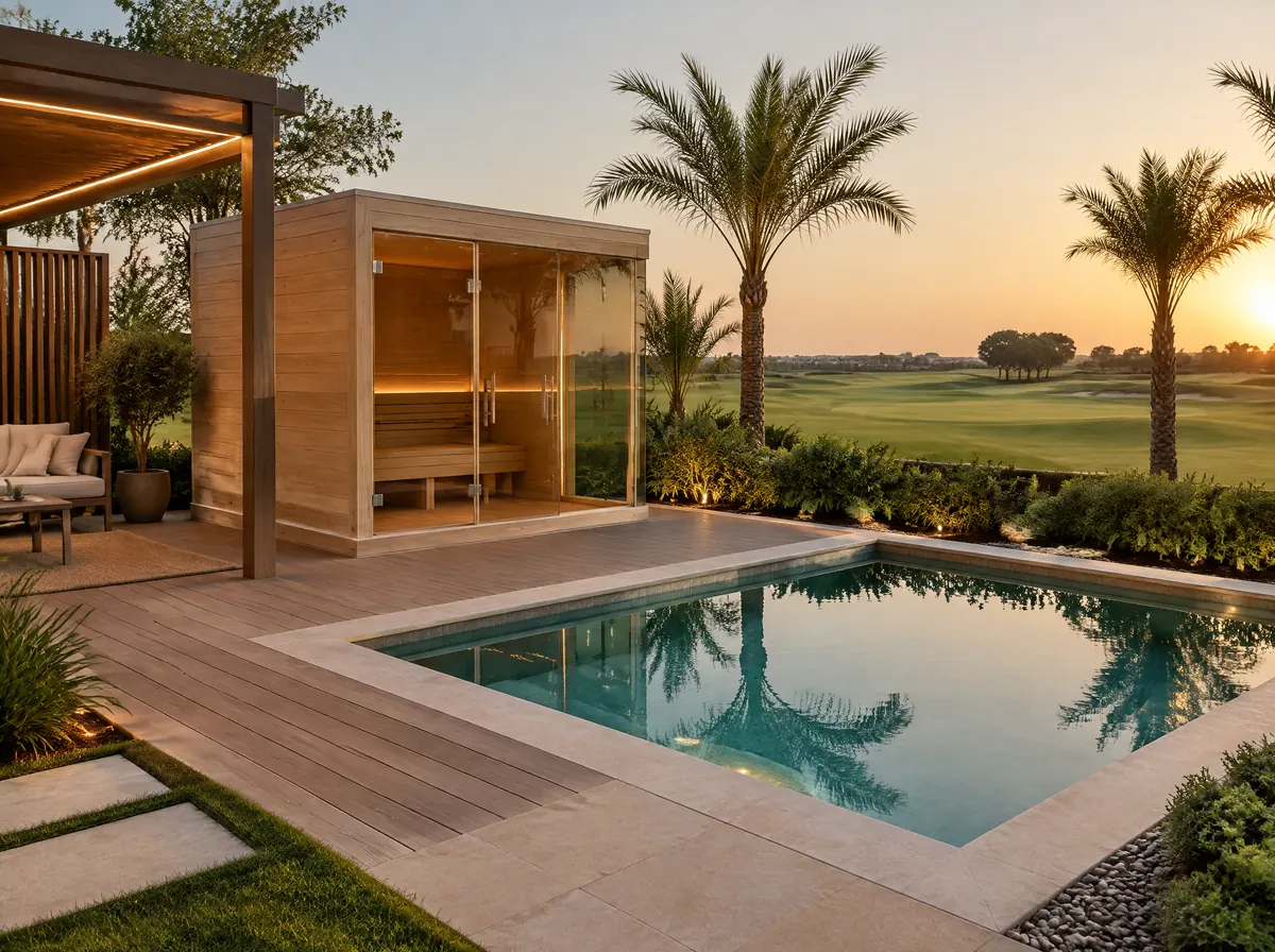 Glass-fronted sauna cabin and plunge pool in a Yas Island villa garden beside a golf fairway at sunset